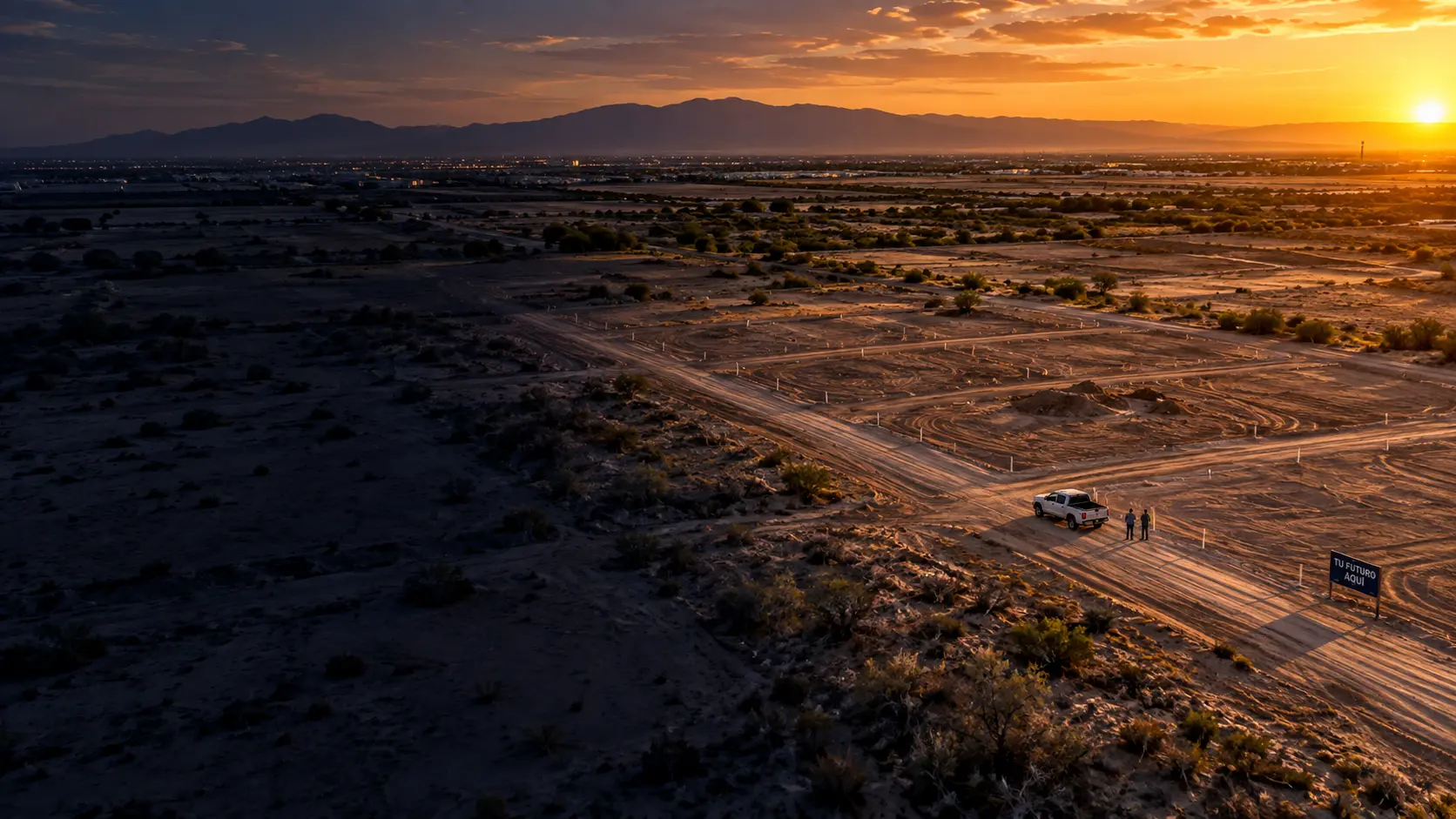 Vista aérea de un desarrollo de lotificación en Mexicali al atardecer